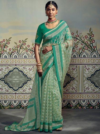 Green Organza Saree With Embroidered Blouse