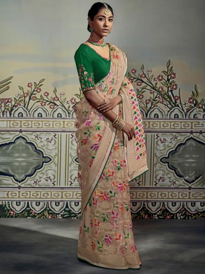 Cream Organza Saree With Embroidered Blouse