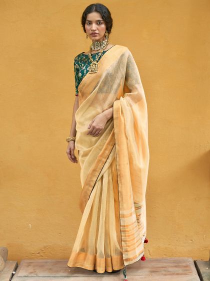 Yellow Woven Organza Festive Saree