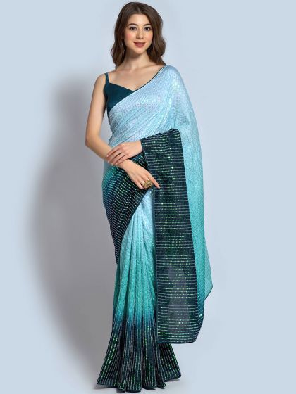 Turquoise Sequins Embroidered Saree In Georgette