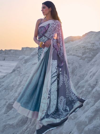 Blue Floral Printed Saree In Satin