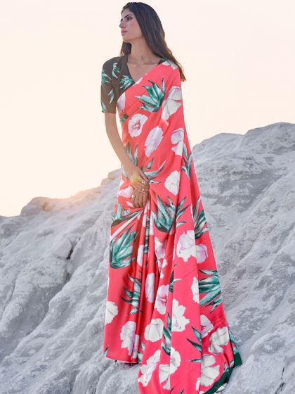 Peach Floral Party Wear Saree In Satin