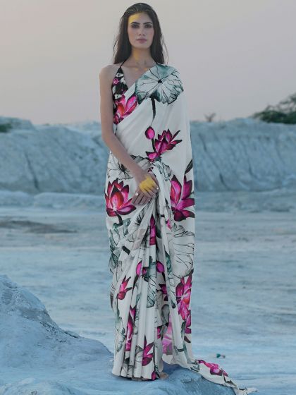 White Floral Printed Saree In Satin