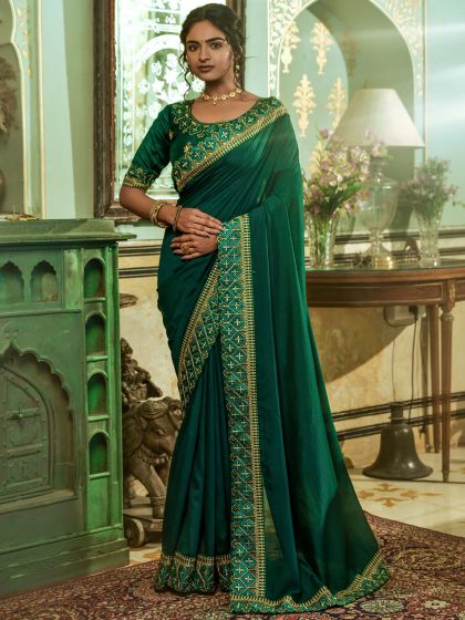 Green Shaded Georgette Saree With Embroidery