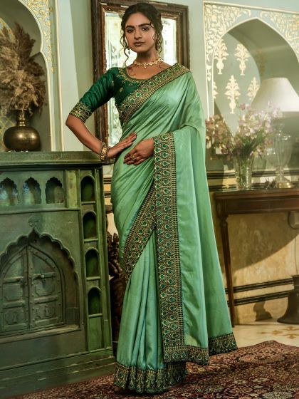 Green Wedding Wear Saree With Embroidered Border