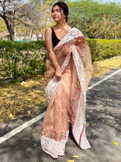 Beige Embroidered Border Saree In Organza