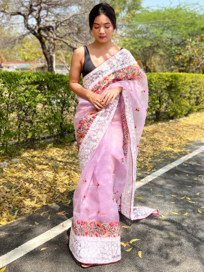 Purple Organza Saree With Embroidered Borders