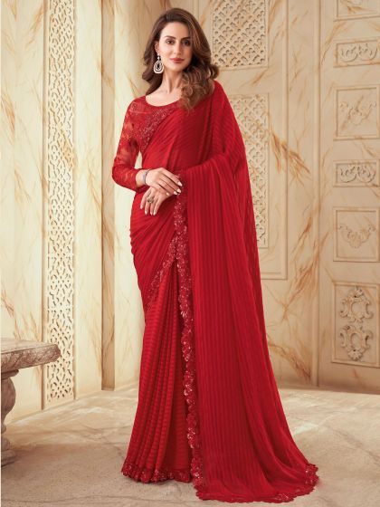 Red Sequined Border Party Wear Saree