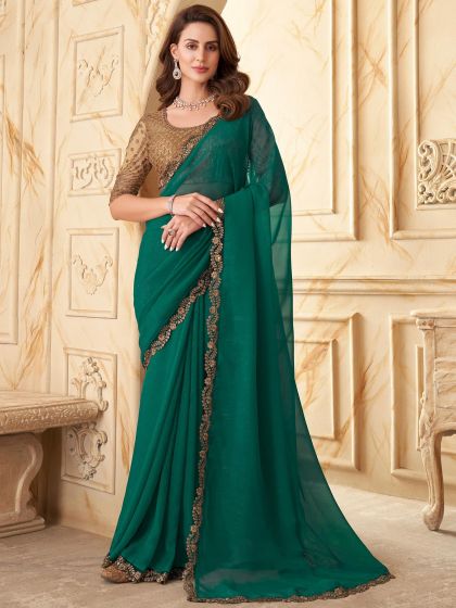 Green Embroidered Border Saree In Silk