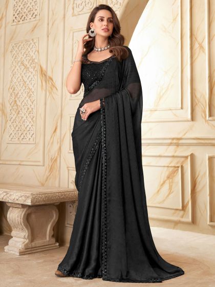 Black Embroidered Border Saree In Silk