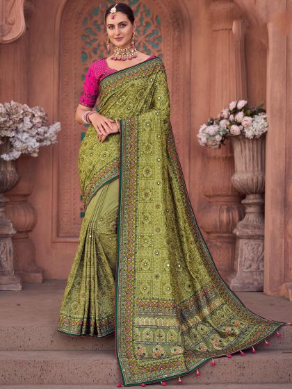 Green Mirror Work Embroidered Saree In Silk