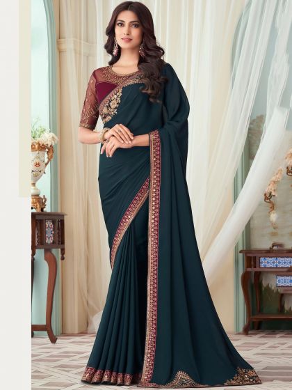 Blue Wedding Wear Embroidered Saree In Silk