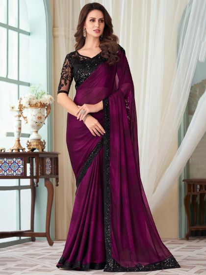 Purple Embroidered Cocktail Saree In Silk