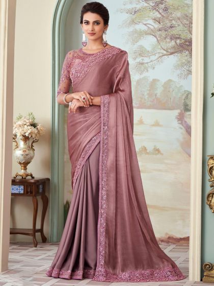 Pink Silk Saree With Embroidered Borders