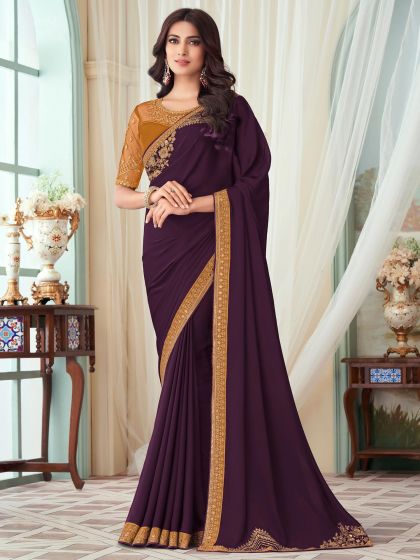 Purple Wedding Wear Saree With Embroidered Border