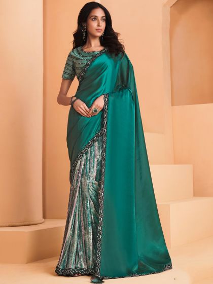 Green Half N Half Embroidered Border Saree