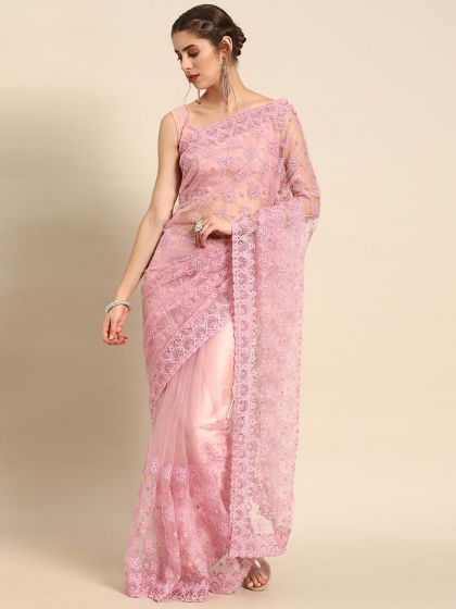 Pink Stone Embellished Saree In Net