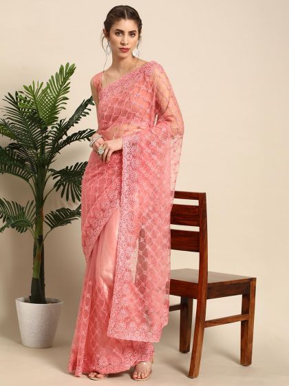 Peach Stone Embellished Saree In Net