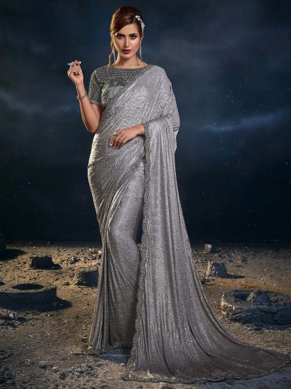 Silver Cocktail Wear Saree With Appliques