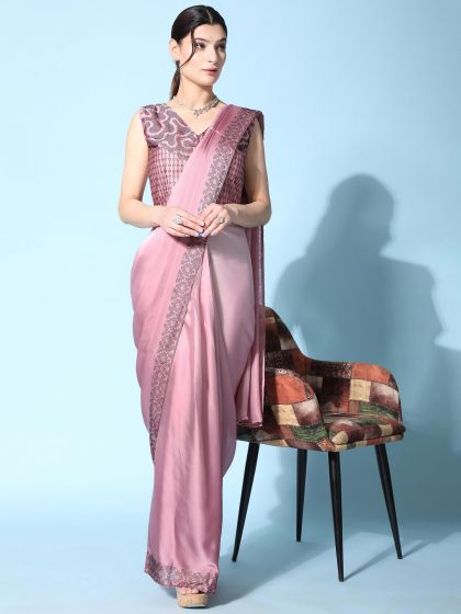 Pink Bridesmaid Saree With Stone Work