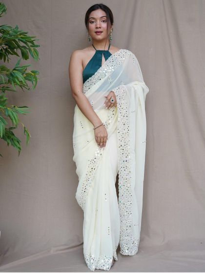 White Mirror Work Saree In Georgette