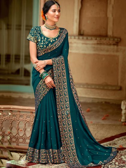 Blue Stone Work Saree In Art Silk