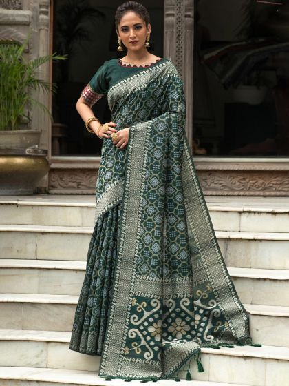 Green Tussar Silk Saree With Zari Weaves