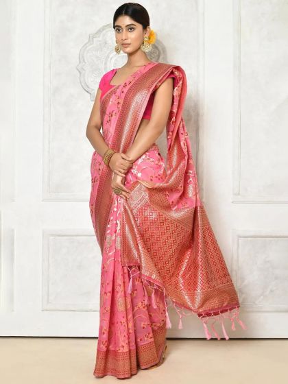 Pink Cotton Saree With Floral Weaves