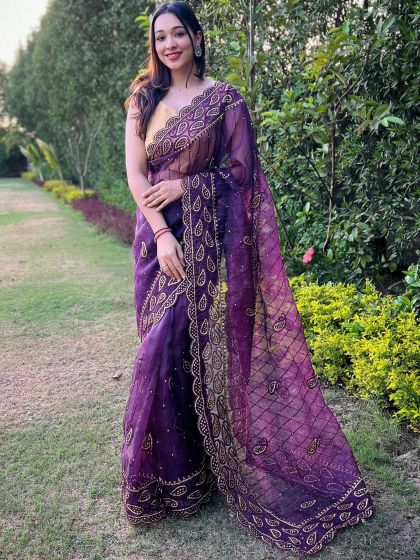 Purple Stone Work Saree In Organza