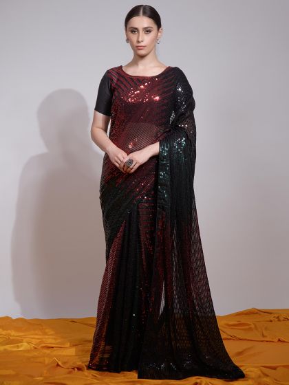 Black Cocktail Saree With Sequins Embroidery