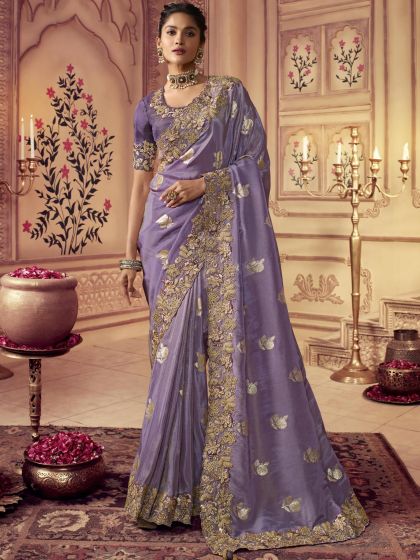 Purple Wedding Wear Saree With Embroidered Borders