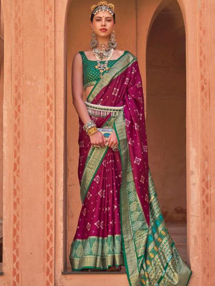 Magenta Printed Festive Saree In Silk