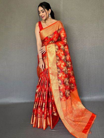 Orange Woven Festive Saree In Organza