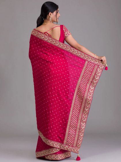 Pink Heavy Embroidered Border Saree With Blouse