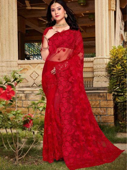Red Net Saree With Stone Embellishments
