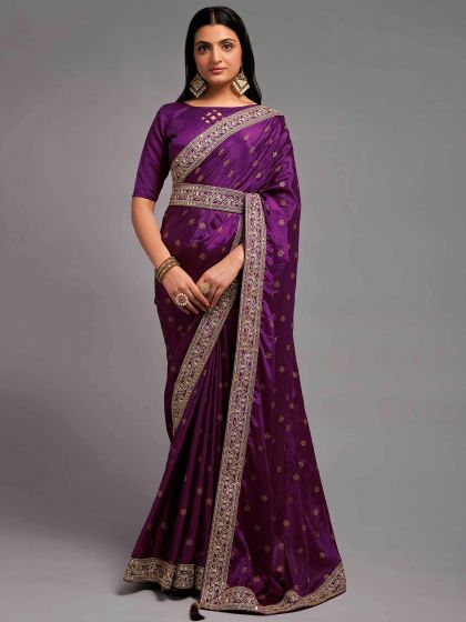 Purple Wedding Wear Embroidered Saree In Crepe