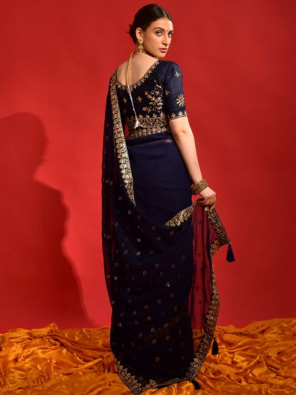 Blue Embroidered Border Georgette Saree