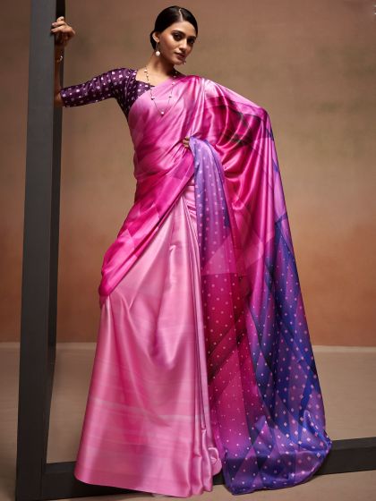 Pink Polka Dot Printed Sari In Satin