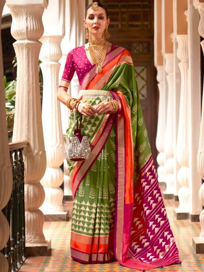 Green Traditional Saree In Patola Silk