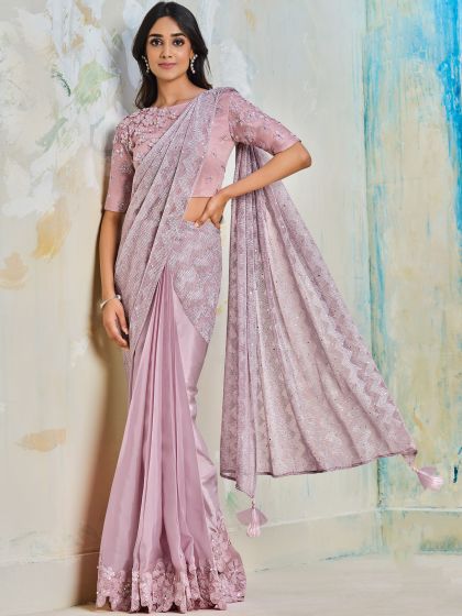 Pink Satin Saree With Pleated Pallu