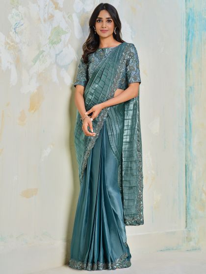 Blue Sequined Saree With Pleated Pallu