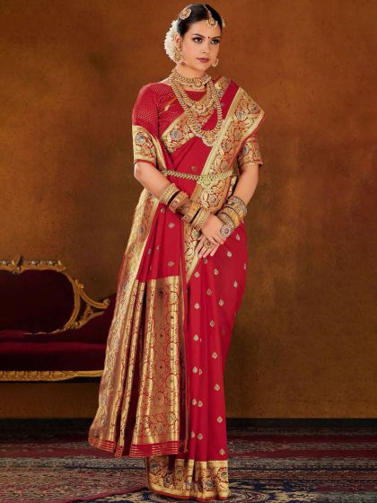 Red Bridal Silk Saree With Zari Woven Pattern