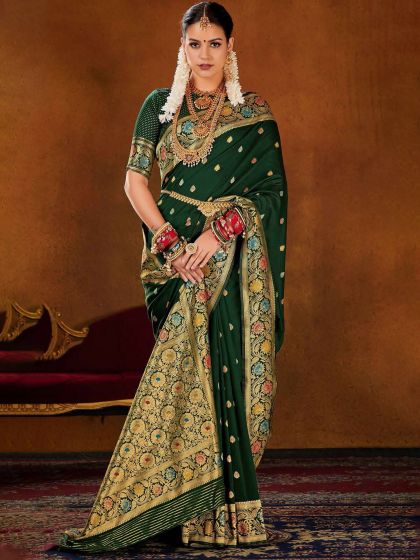 Green Zari Woven Saree With Blouse In Silk