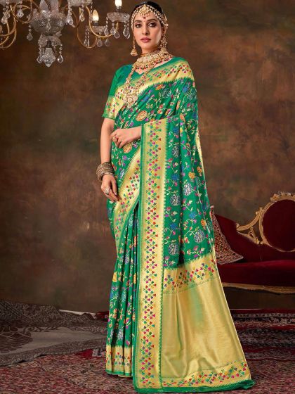 Green Party Wear Silk Saree In Zari Weaving