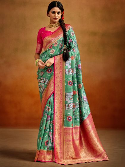 Green Silk Saree In Floral Prints With Blouse