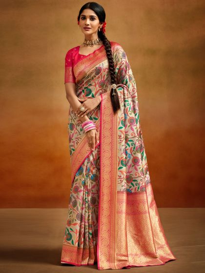 Cream Floral Print Saree In Silk