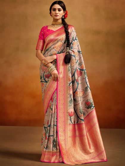 Beige Zari Woven Borders Silk Sari With Blouse