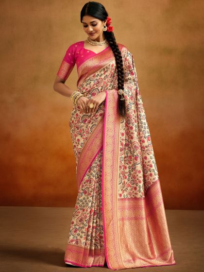 Cream Floral Printed Silk Saree With Blouse