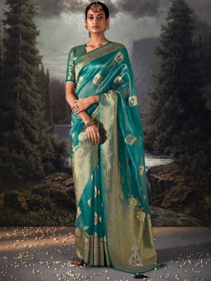 Blue Zari Woven Banarasi Silk Saree With Blouse 