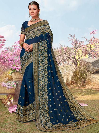 Blue Zari Weave Patterns Saree In Silk With Blouse